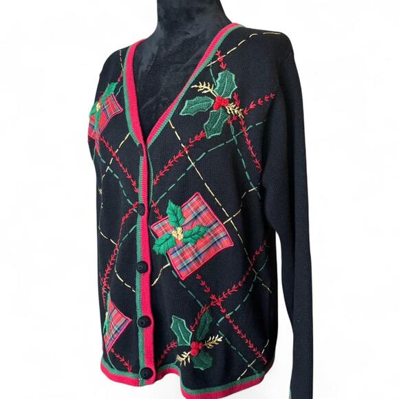Basic Editions vintage Holiday Black Plaid Gift Embroidered Cardigan Sweater L - Picture 7 of 8